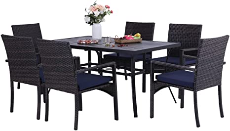 Sophia & William Outdoor Patio 7 Pieces Dining Set with 6 PE Rattan Chairs and 1 Rectangle Metal Table, Modern Outdoor Furniture with Seat Cushions for Poolside, Porch, Patio, Balcony