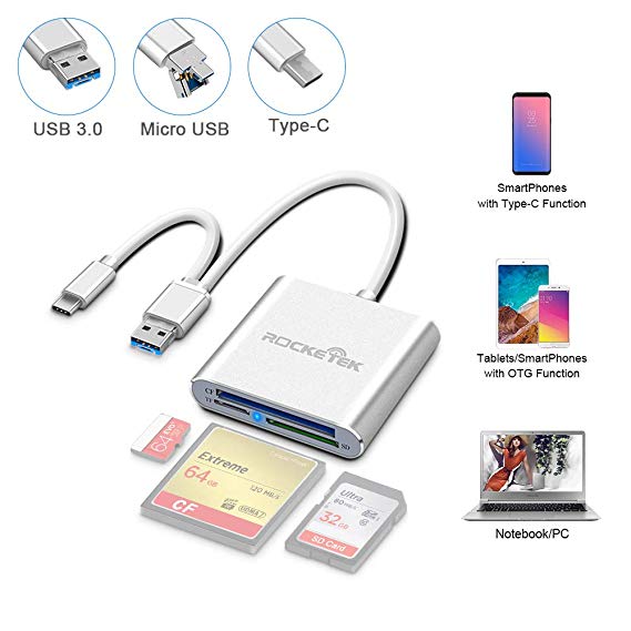 Rocketek 3-in-1 USB 3.0 / USB C/Micro USB Card Reader - SD, SDXC, UHS-I SD, SDHC, Micro SDXC, Micro SDHC, MMC, CF Memory Card Reader Support MacBook PC Tablets Smartphones with OTG Function