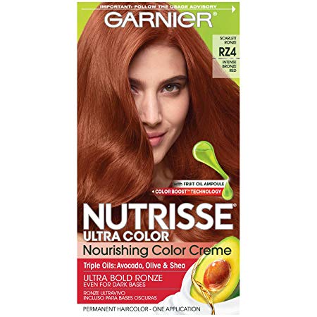 Garnier Nutrisse Ultra Color Nourishing Permanent Hair Color Cream, RZ4 Intense Bronze Red Scarlet Ronze (1 Kit) Red Hair Dye (Packaging May Vary)