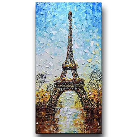 Asdam Art- Eiffel Tower 3D Paintings On Canvas Landscape Wall Art 100% Hand Painted Modern Large Artwork Vertical Paintings(24x48in)