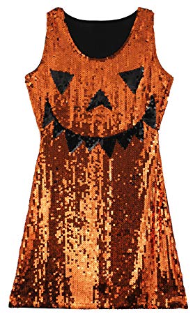 LADIES SEQUIN PUMPKIN DRESS HALLOWEEN SEXY OUTFIT FASHION SPARKLE WITH SEQUIN SPOOKY FACE (UK 10-12)