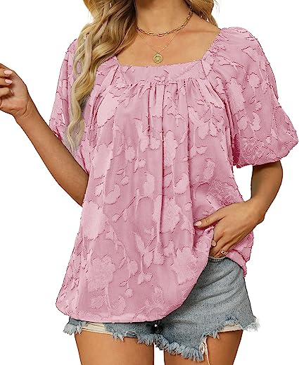 Aokosor Summer Tops for Women Short Sleeve T Shirt Shirred Neck Lack Sleeve