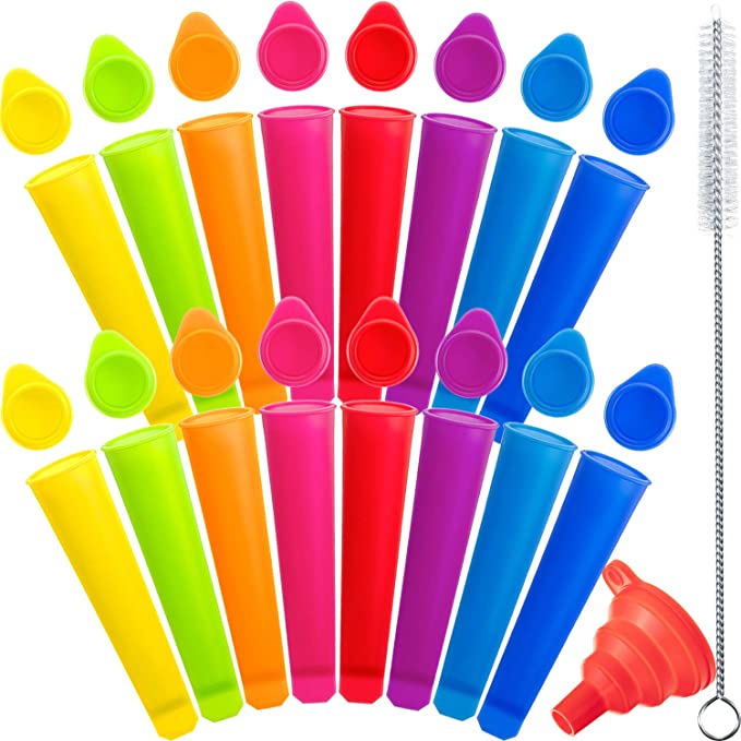 16 Pieces Silicone Ice Pop Molds with Lid Ice Popsicle Molds Colorful Freeze Pop Mold DIY Push Popsicle with Funnel and Small Brush for Home Ice Maker Tool