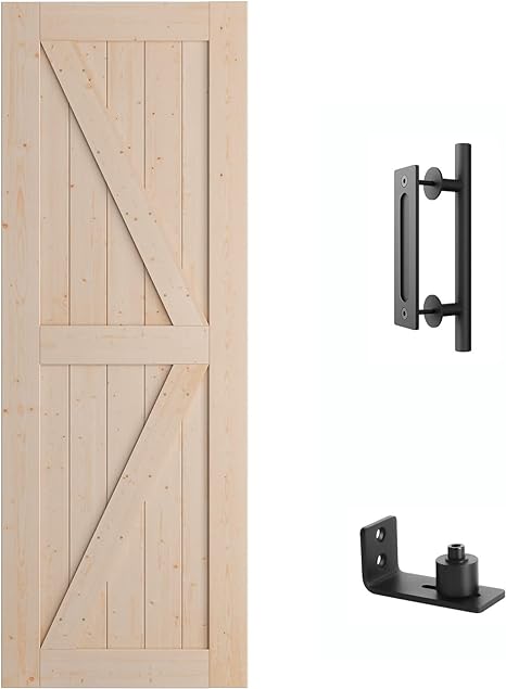 SmartStandard 30in x 84in Interior Sliding Barn Wood Door & Barn Door Handle Set & Floor Guide, Pre-Drilled Ready to Assemble, Natural Solid Unfinished Wooden Slab, K-Frame(Fit 5FT Rail)