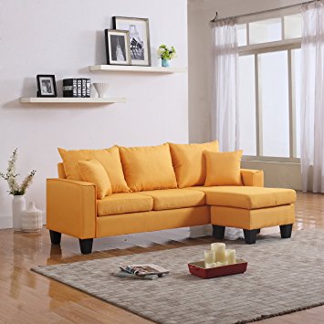 Modern Linen Fabric Small Space Sectional Sofa with Reversible Chaise (Yellow)