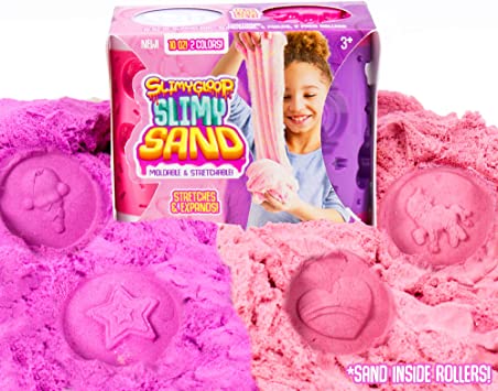 SlimySand Galaxy/Ocean, 10 Ounces of SlimySand in 2 Different Colors (Purple and Pink), 2 Rollers & Stamps, Reusable Storage Container. Super Stretchy & Moldable!