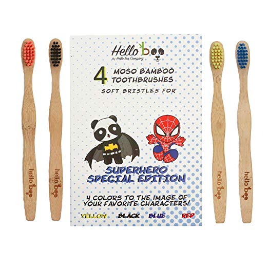 Bamboo Toothbrush for Kids- SUPERHERO SPECIAL EDITION - Organic Eco-Friendly Moso Bamboo with Ergonomic Handles & soft BPA Free Nylon Bristles (Superhero Special Edition)