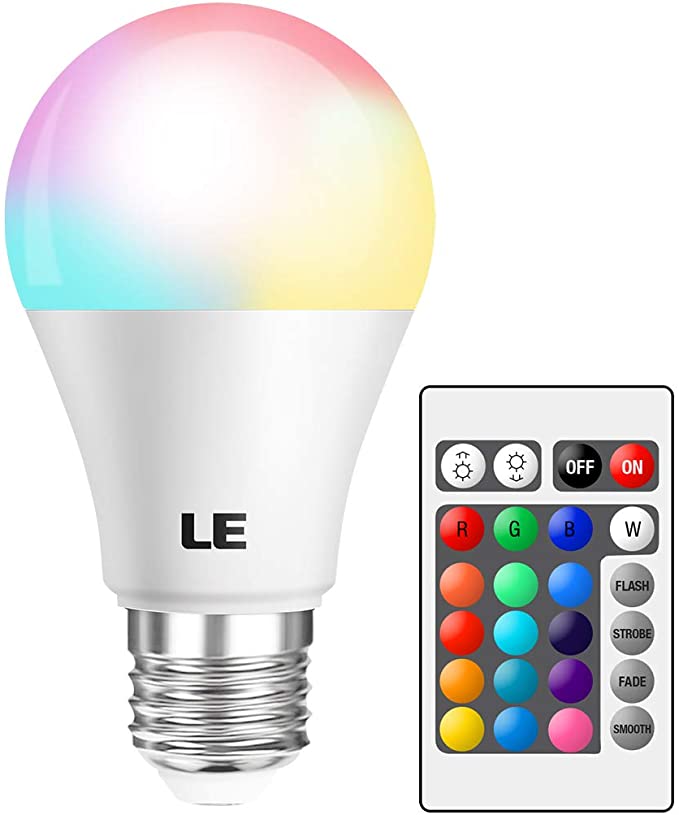 LE RGB Color Changing Light Bulbs with Remote, Dimmable 40 Watt Equivalent Warm White, A19 E26 Screw Base for Home Decor, Bedroom, Stage, Party and More