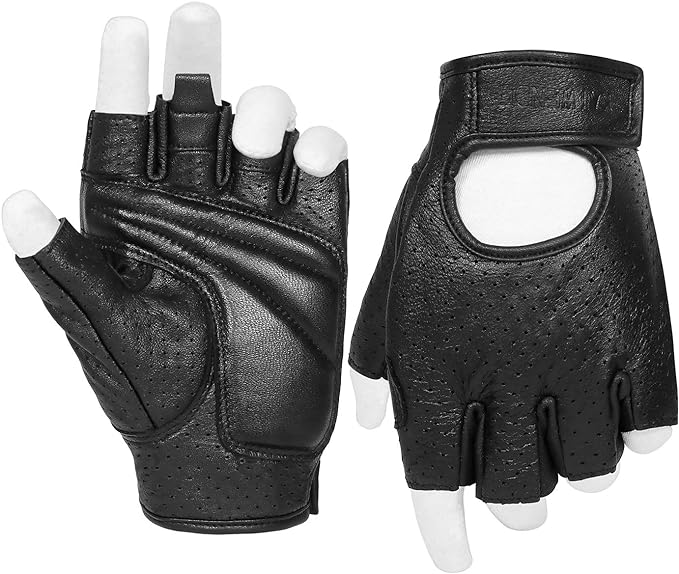 Half Finger Men's Motorcycle Gloves Gel Padded Fingerless Leather Motorbike Gloves (Black, X-Large)