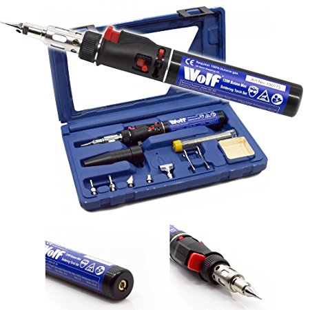 Wolf Cordless 6 in 1 Butane Gas Powered Soldering Iron Blow Torch Variable Temperature Torch Kit Heat Tool with Interchangeable Tips - Embossing, Wood Burning Pyrography, Hot Fix Stone Decoration, Melting, Shrinking, Cutting - Supplied in Strong Carry Case - Uses Lighter Gas