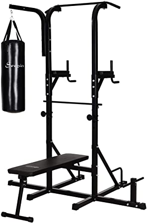 Soozier Home Gym Power Tower with Bench and Punching Bag, Multi-Function Adjustable Dip Sit Up Workout Station Equipment Heavy Duty for Home