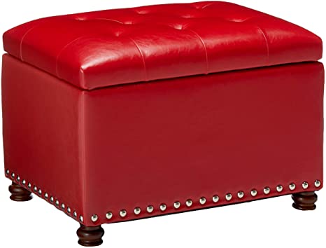 Adeco High End Red Classy Bonded PU-Leather Tufted Accents Rectangular Storage Bench Ottoman Footstool,
