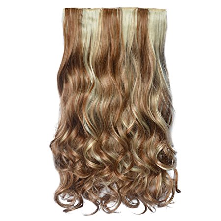 REECHO 20" 1-Pack 3/4 Full Head Curly Wave Mixed Hair Color Clips in on Synthetic Hair Extensions Hairpieces for Women 5 Clips 4.6 Oz per Piece - 27H613