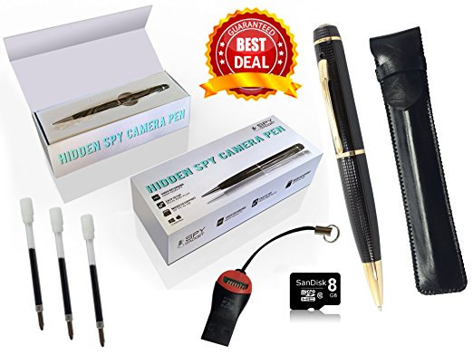 Spy Gadget® 720P Spy Pen Camera True HD - Stealth Black with Gold Trim 30 Day Money Back Guarantee - Hidden Camera Pen, Digital Video Recorder, Pencam, Tiny DVR & Webcam, Executive Style Ballpoint Pen, Works Easily For PC/Mac, This Is Real 1280 x 720P Quality! Exclusive Available From Spy Gadget (8GB Memory)