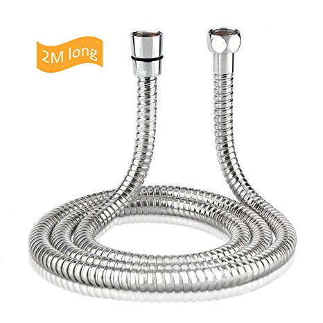 KASUNY 2 Meters/6.5ft/79inch Extra Long Double Lock Stainless Steel Replacement Handheld Shower Hose with Brass Fittings,Teflon Tape and 4 Washers Included Chrome Finished