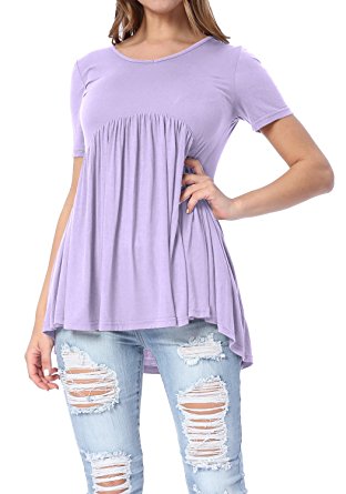 levaca Women's Tops Short Sleeve High Low Hem Pleated Loose Casual Tunic Shirts