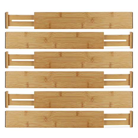 Hartons Bamboo Kitchen Drawer Organizers Spring Adjustable & Expandable Drawer Dividers 100% Natural Bamboo Strongest-Heaviest Duty - Best for Kitchen, Dresser, Bedroom, Bathroom,Desk. (Set of 6)