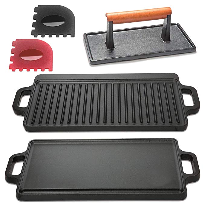 Cast Iron Griddle with Accessories Includes Reversible Cast Iron Griddle/Grill (20” x 9-1/2”), Cast Iron Grill Press (4” x 8”), And Two Durable Grill Pan Scrapers (red and black with griddle ridges)