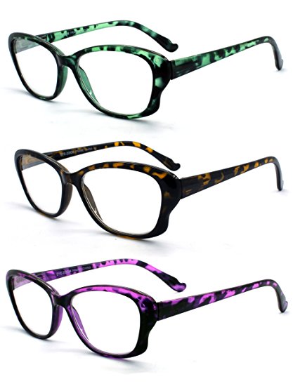 Eye-Zoom 3 Pack Cat Eye Tortoise Color Frame Reading Glasses for Women (Green, Yellow and Purple, Strength:  3.00)