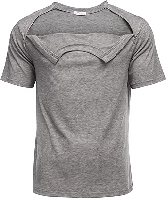 Deyeek Unisex Chemo Port Shirts Post Shoulder Surgery Recovery Shirts Tear Away Side Zippers Off Full Open Chemo Clothing