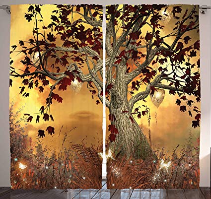 Ambesonne Mystical Tree Decor Curtain by, Old Twisted Tree and Bright Butterflies Mystic Picture, Window Drapes 2 Panel Set for Living Room Bedroom, Multi 1, 108" W By 84" L