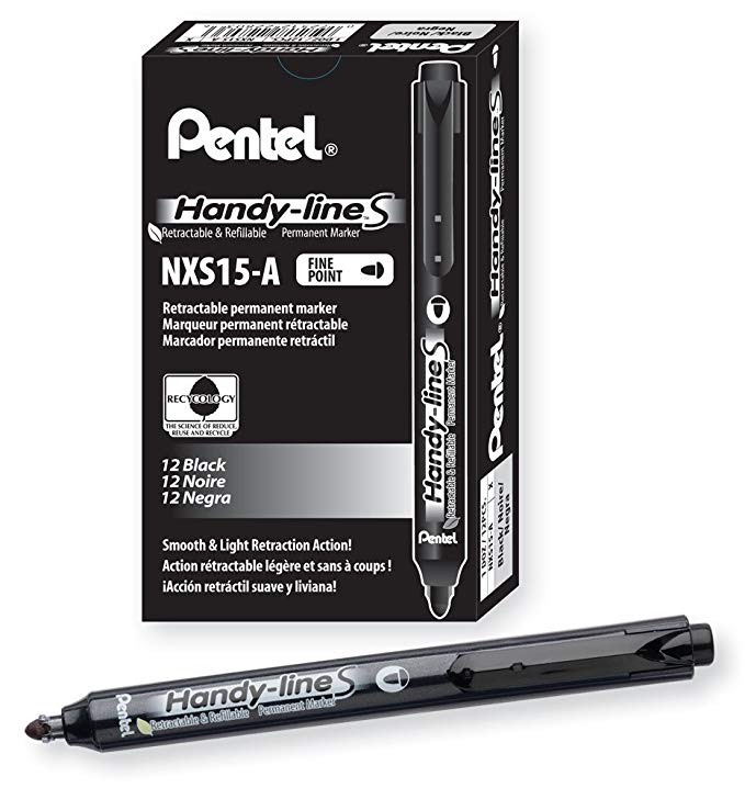 Pentel Handy-Line S Retractable and Refillable Permanent Marker, Bullet Tip, Barrel, Black Ink, Box of 12 (NXS15-A)