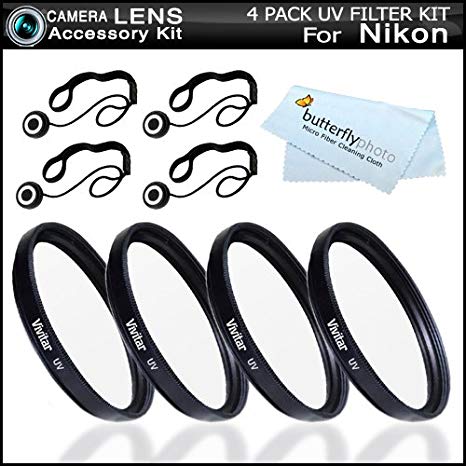 4 Pack 52mm UV Protection Filter Bundle Kit For Nikon Df, D5200, D5300, D3300, D3200, D5100, D7000, D3X, D3S, D700, D300S, D90 D800 D610 DSLR Includes 4 52mm UV Filters   4 Lens Cap Keepers   More