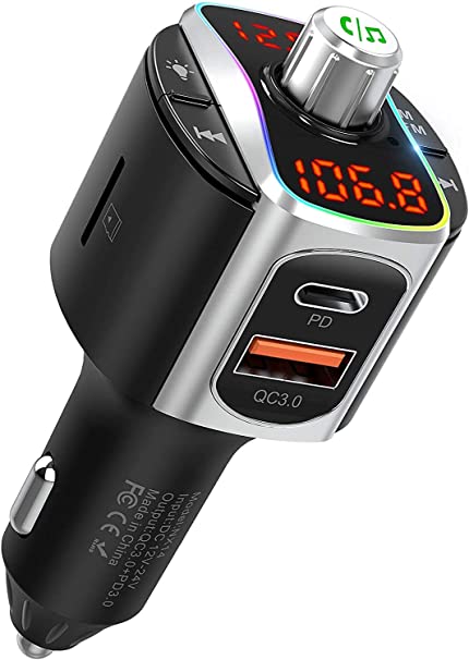 Nulaxy Bluetooth 5.0 Car Adapter, FM Transmitter for Car : Dual Screen Display QC3.0 & PD 18W Radio Adapter Music Player/Car Kit with Hands-Free Calls, Siri Google Assistant – NX14