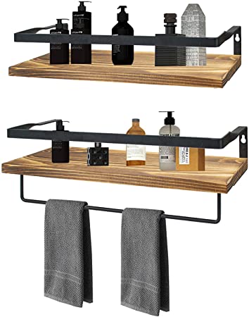 Foraineam 2 Pack Floating Wall Shelves with Towel Bar - Rustic Wood and Metal Storage Shelves - Wall Mounted Display Racks for Kitchen Bathroom Bedroom Living Room