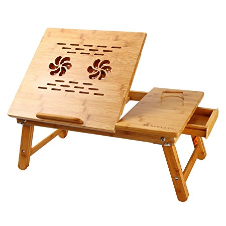 Laptop Desk Super Top Laptop Table 100% Bamboo Desk Adjustable with USB Fan2 Foldable Breakfast Serving Bed Tray Drawer