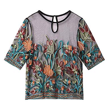 Highpot Women's Mesh Floral Crochet Crop Top Sheer Embroided See Throught T Shirt