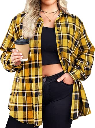 Zeagoo Womens Plus Size Flannel Shirt Plaid Shirts Long Sleeves Casual Button Down Collared Shacket Tops 16W-26W