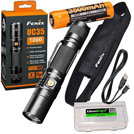 Fenix UC35 V2.0 2018 USB Rechargeable 1000 Lumen Cree XP-L HI V3 LED Flashlight with, 3500mAh rechargeable battery, USB charging cable and EdisonBright cable carry case bundle