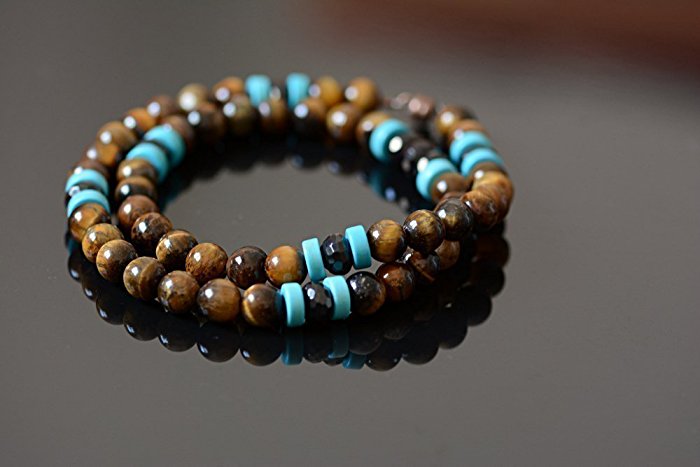 Garnet Tigers Eye and Howlite Turquoise Natural Stone Crystal Energy Reiki Surfer Men's Necklace