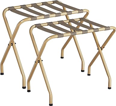 ELYKEN 2 Pack Folding Luggage Rack for Guest Room, Easily Assemble Metal Suitcase Stand, Foldable Space Saving Hotel Storage Rack,Heavy Duty Max 110LBS Loading Bearing Luggage Holder, Gold