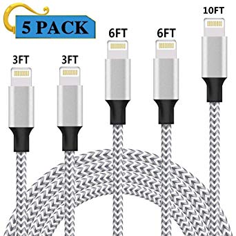 iPhone Charger, 5 Pack [3/3/6/6/10 FT] Lightning Cable Extra Long Nylon Braided USB Charging & Syncing Cord Charger iPhone X/8/8Plus/7/7Plus/6S/6S Plus/SE/iPad More (Silver& Grey)