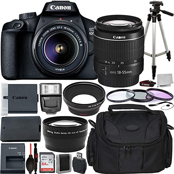 Canon EOS 4000D DSLR Camera with EF-S 18-55mm f/3.5-5.6 III Lens Advanced Bundle - Includes: Extended Life LPE10 Replacement Battery, 50" Gripster Tripod & More