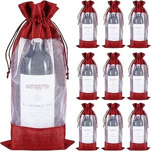 Jute Wine Bags, 10pcs Burlap Wine Bottle Bags 750ml with Sheer Window Organza Hessian Drawstring Gift Bags Red for Wedding Festival Wine Tasting Party Favors (14 x 6.3 inches)