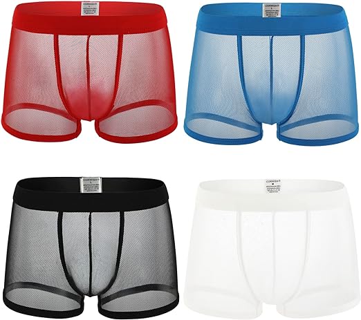 4 Pack of Men Underwear See Through Undies Sexy Boxer Briefs Mesh Underpants Transparent Pants Breathable Trunks for Man