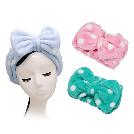 Shintop 3 Pack Flannel Cosmetic Headbands, Bowknot Elastic Hair Band Hairlace for Washing Face Shower Spa Makeup (Pink Polka Dots  Light Blue Polka Dots  Green Polka Dots)