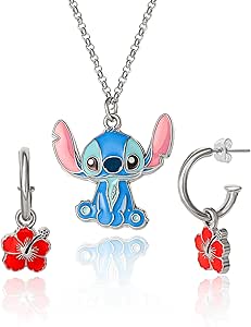 Disney Lilo & Stitch Jewelry Set Official License, Flower Charm Hoop Earrings and 16 3 Stitch Necklace Fashion Jewelry Set