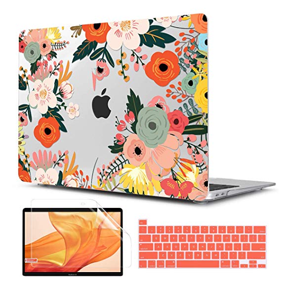 TwoL MacBook Pro 16 inch Case 2019 Model A2141, Transparent Printed Hard Shell Case with Silicone Keyboard Skin and Screen Protector (Blooming Flower)
