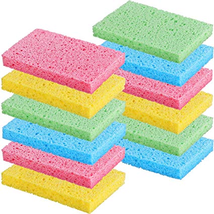 Chuangdi 12 Pack Cleaning Scrubbing Sponge, Kitchen Cellulose Dish Sponge for Removing Hard Dirt, Oil, Non-Scratch on Windows Non-Stick Pan, Assorted Colors, Size 12 x 7.6 x 1.5 cm