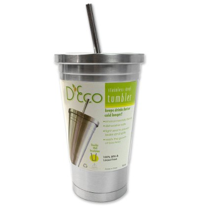 Stainless Steel Tumbler with Straw- Hot and Cold Double Wall Drinking Mug- 16 oz