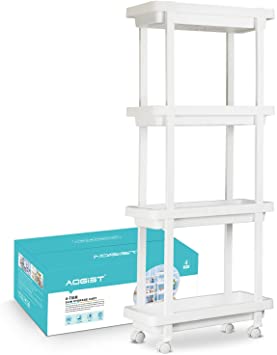 Aogist Slim Storage Cart 4 Tier Narrow Shelving Unit Organizer Rolling Utility Cart Mobile Storage Tower Rack for Home Kitchen Bathroom Office Laundry Room Narrow Places(White)