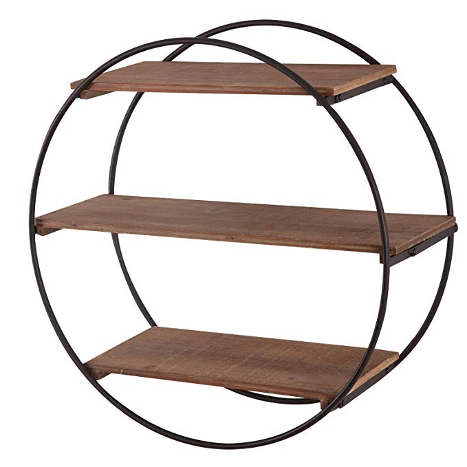 Wall Shelf Rustic Wood Floating Shelves, Contemporary Round Floating Iron 3 Shelf Wall Unit, Decorative Wall Shelf for Bedroom Living Room Bathroom Kitchen Office Round 20 inch