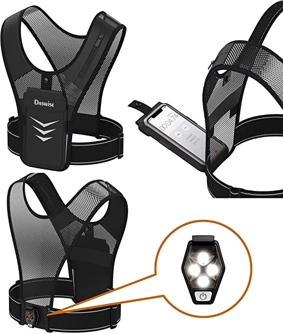 Running Vest with LED Warning Light，Phone Holder Breathable Mesh Vest for Training Running Cycling；Magnetic Attraction Prevent Shaking; LED Light, Key Card and Energy bar Holder