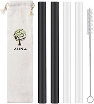 ALINK Reusable Silicone Boba Straws, Extra Large Bubble Tea Smoothie Straws for Tapioca Pearl, Milkshakes, Pack of 4 with Cleaning Brush and Case - 10 in x 14 mm - Black, Clear