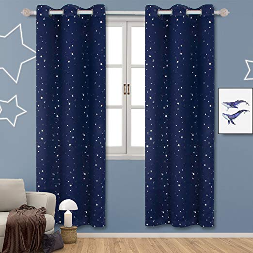 BGment Navy Star Blackout Curtains for Kid's Bedroom - Grommet Thermal Insulated Room Darkening Printed Curtains for Living Room, Set of 2 Panels (42 x 84 Inch, Dark Blue)