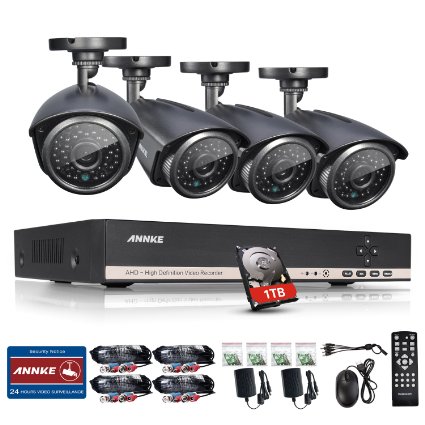 9601080 HD Annke 8CH 1080N DVR 1080P NVR Hybrid Recorder 4x HD 1280x720 Outdoor Security Bullet Cameras w 1TB Pre-installed Hard Drive 10 Mega-Pixels P2P Technology Motion Detection and Alarm Push Vandal and Weather-Proof Body Night Vision